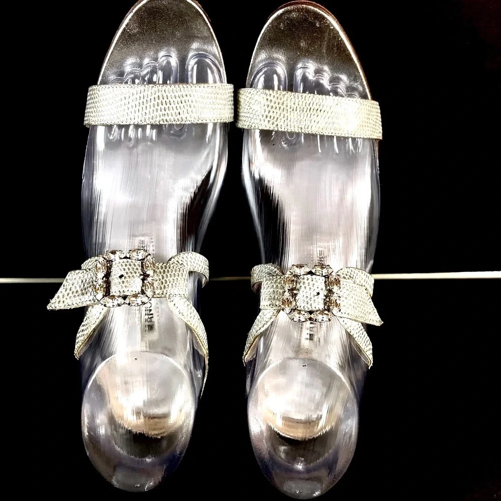 Manolo Blahnik silver sandals crystal buckles 38